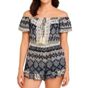 Off The Shoulder‎ Boho Romper MEDIUM Shorts Tassel Tie Festival Summer Casual